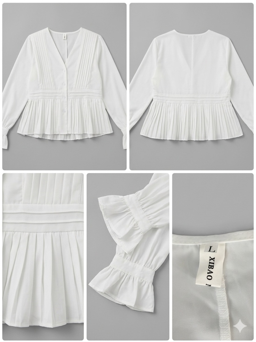 White Pleated V-Neck Peplum Blouse - Women